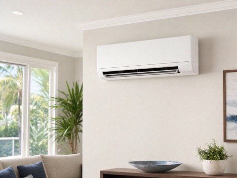 Indoor wall-mounted AC unit running in a bright home